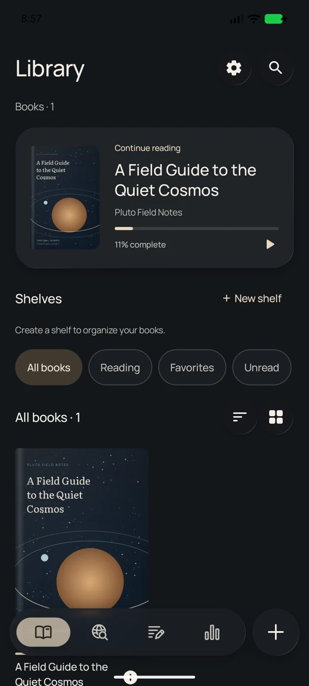Pluto’s library with a current book, shelves, and floating navigation