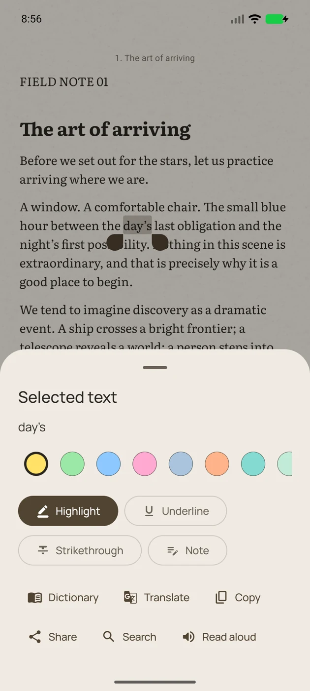 Pluto’s text-selection sheet with highlighting, dictionary, translation and sharing